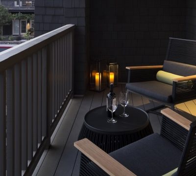 Dark wood balcony at the Senza Hotel.